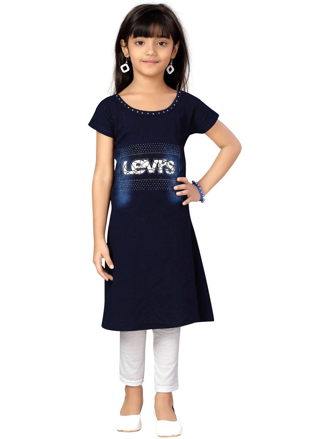 Muhuratam Girls Blue & White Printed Round Neck Denim Cotton Top With Leggings