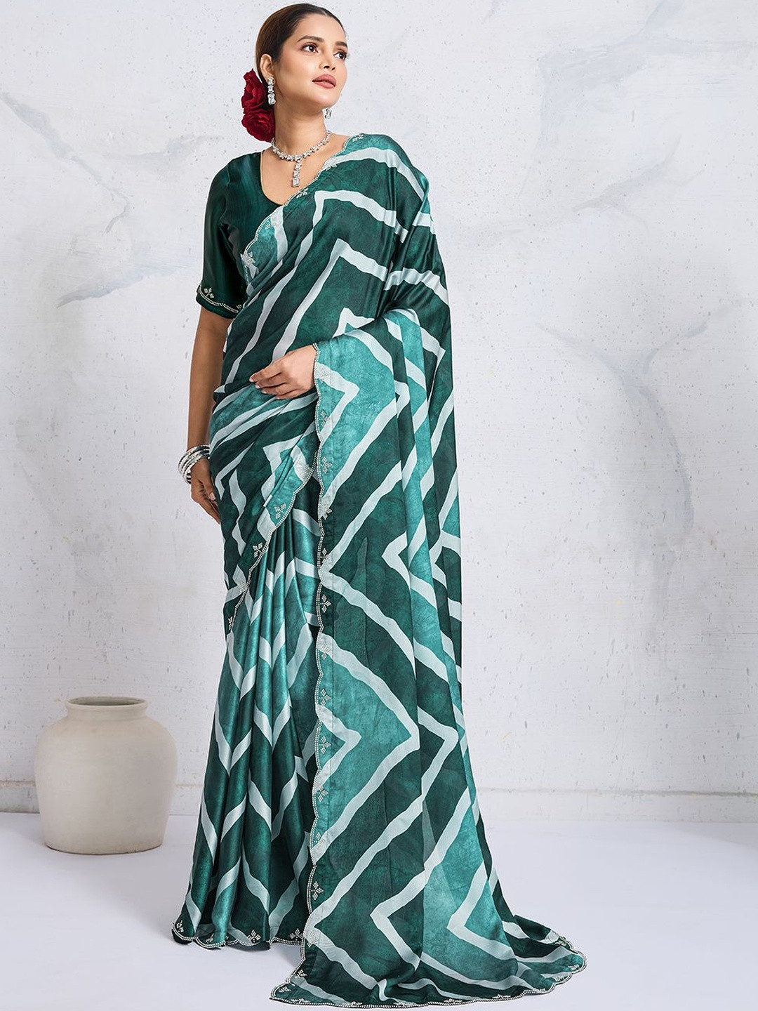 100 Dreams Striped Embroidered Satin Designer Saree