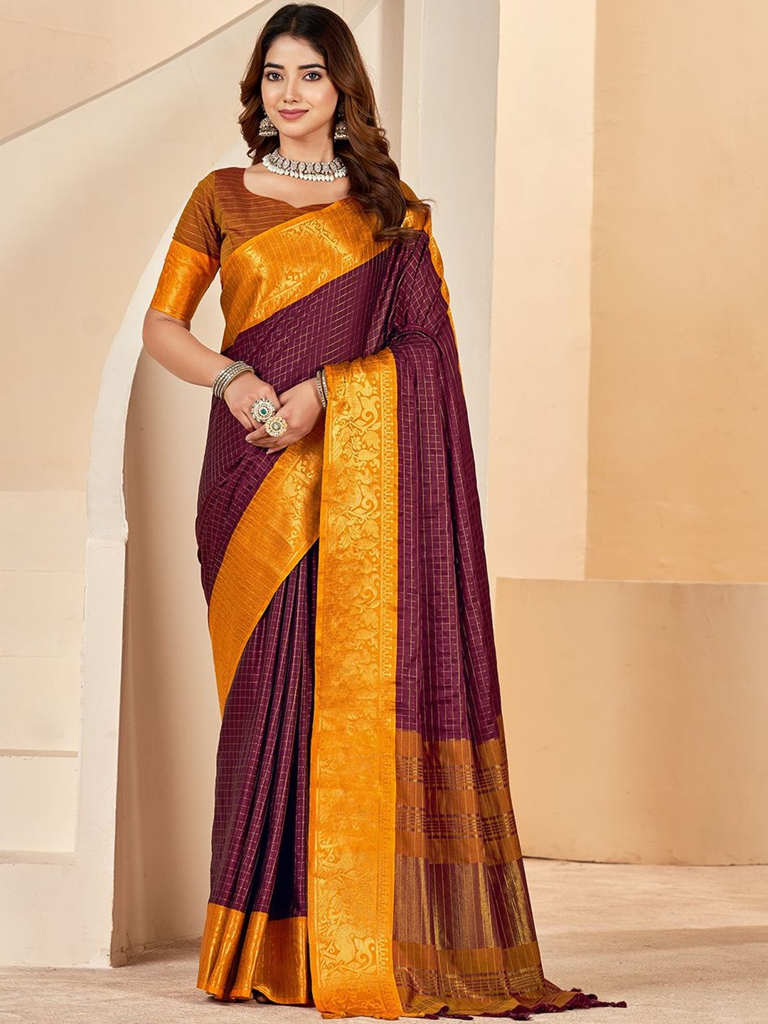 LeeliPeeri Designer Checked Zari Weaving Cotton Silk Saree With Unstitched Blouse Piece