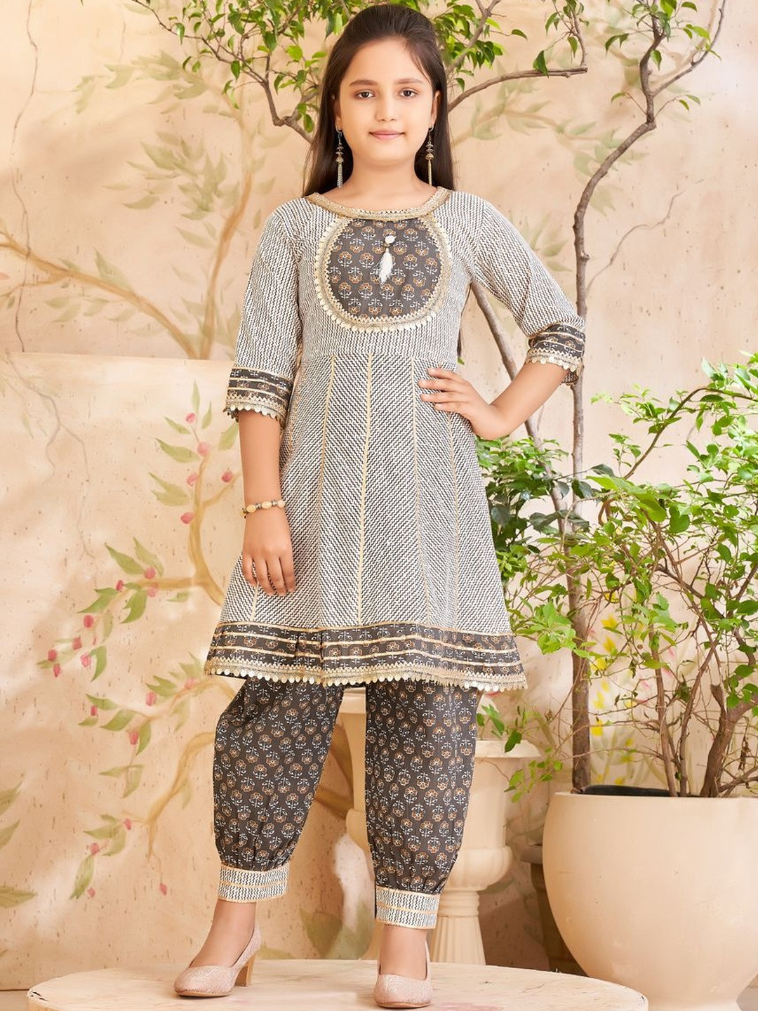 Muhuratam Girls Ethnic Wear Off White Colour Floral Print With Sequin Lace Cotton Kurti Patiala Set