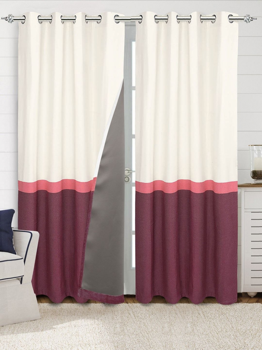 Saral Home Maroon And White 2 Pieces Colourblocked Black Out Cotton Door Curtains