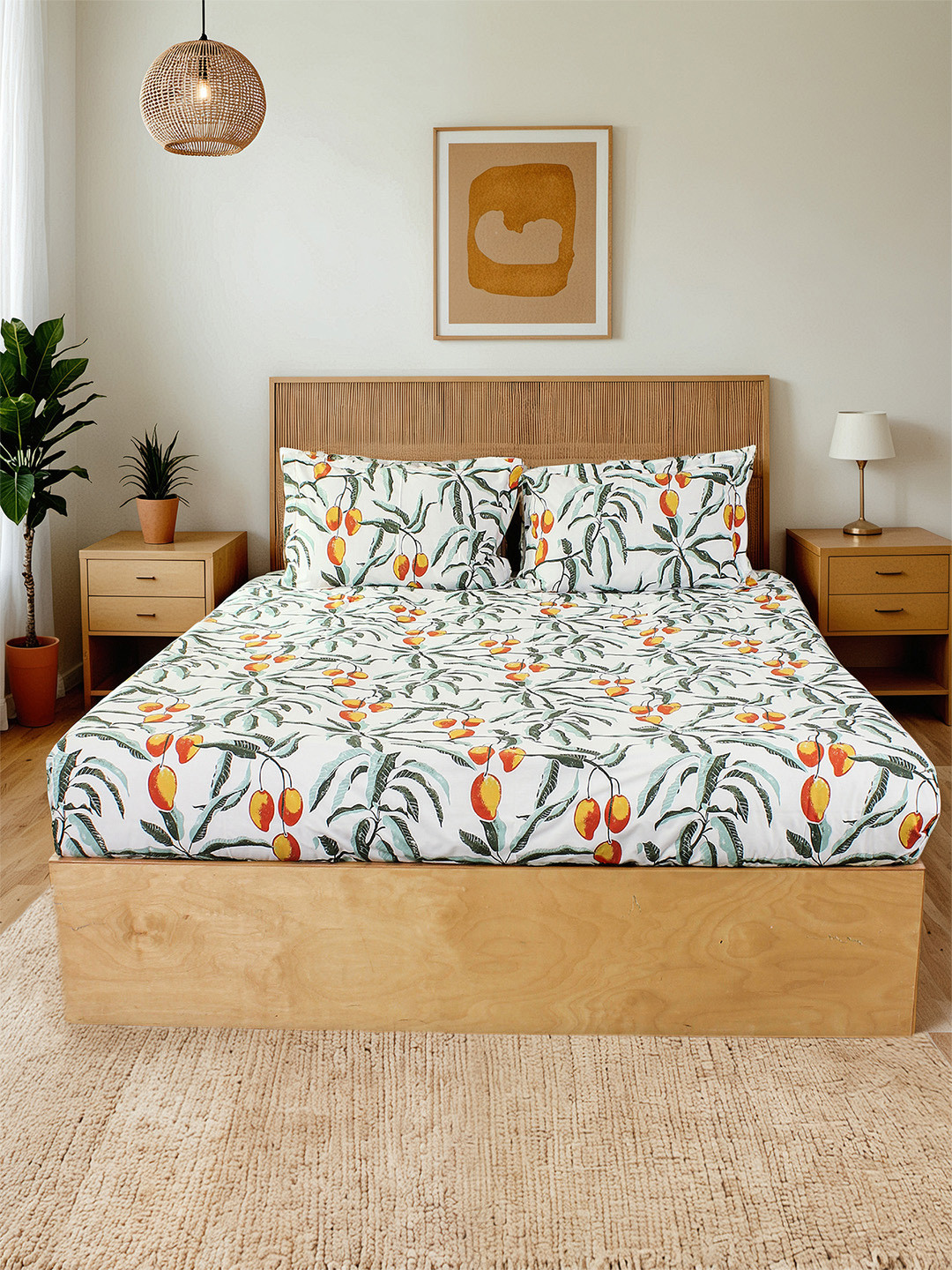 House This Amra White Graphic Cotton 180 TC King Fine Bedsheet with 2 Pillow Covers-108 x 108 inches