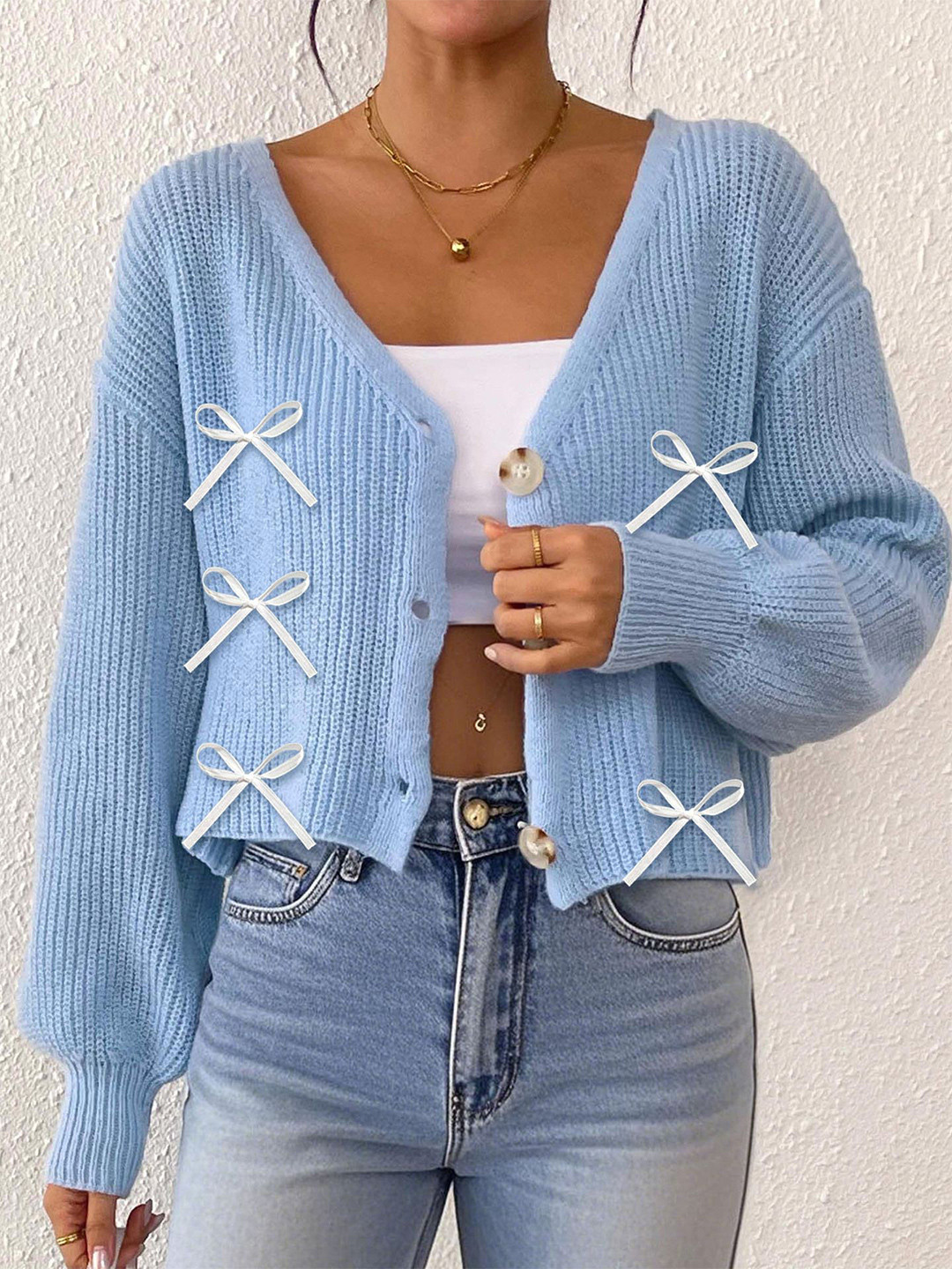 StyleCast x Revolte Women Ribbed Bow Front-Open Crop Sweaters