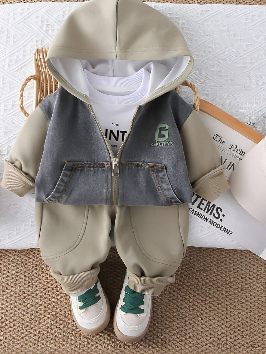 YK Gray Long Sleeves Hooded Kids Unisex Co-ords Set