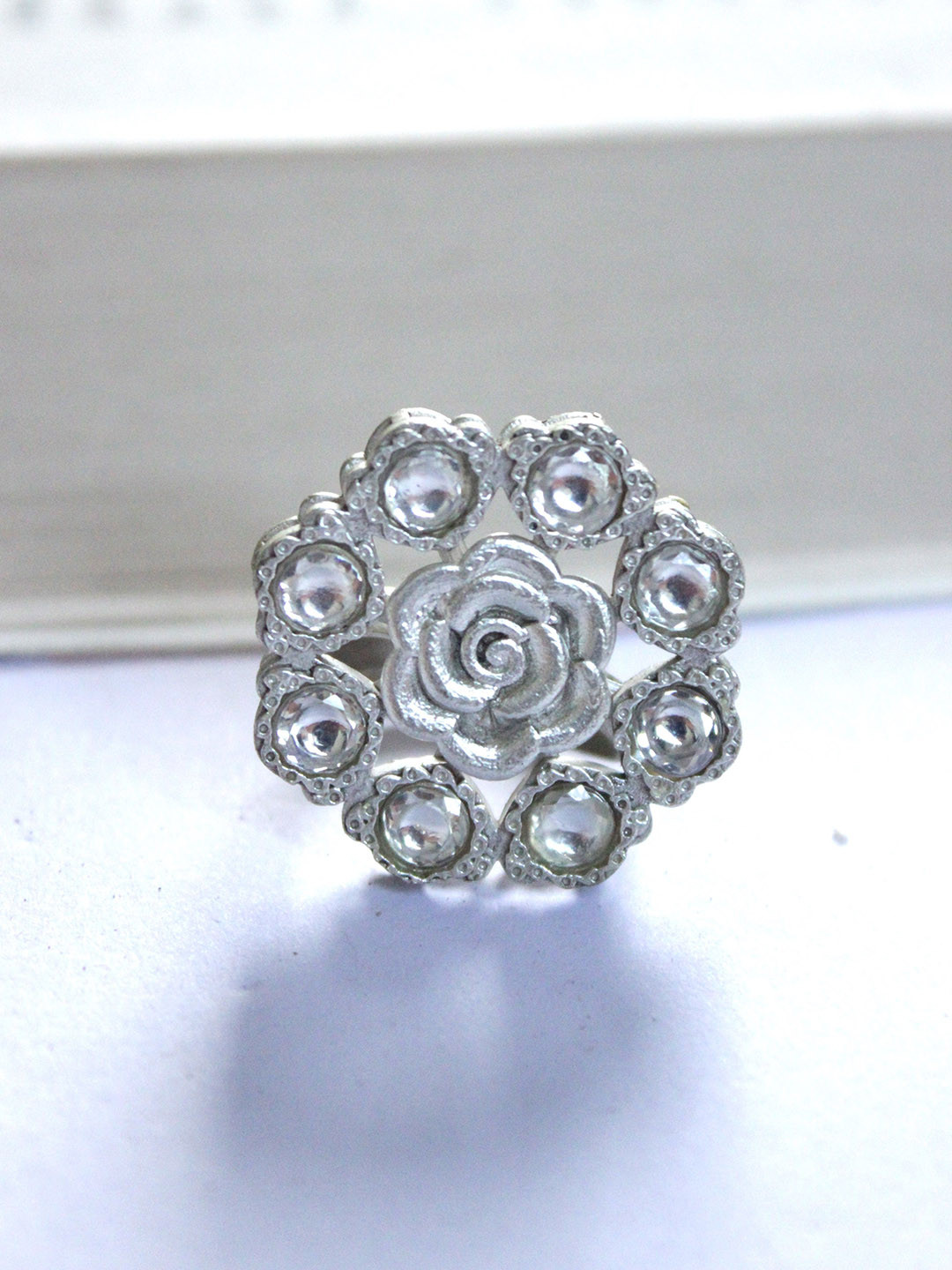 THE BLING GIRLL Silver-Plated Artificial Stones Studded Floral Finger Ring
