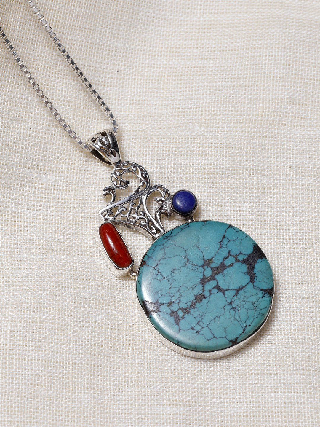 Exotic India Women Sterling Silver Tibetan Turquoise Pendant with Coral and Lapis Lazuli