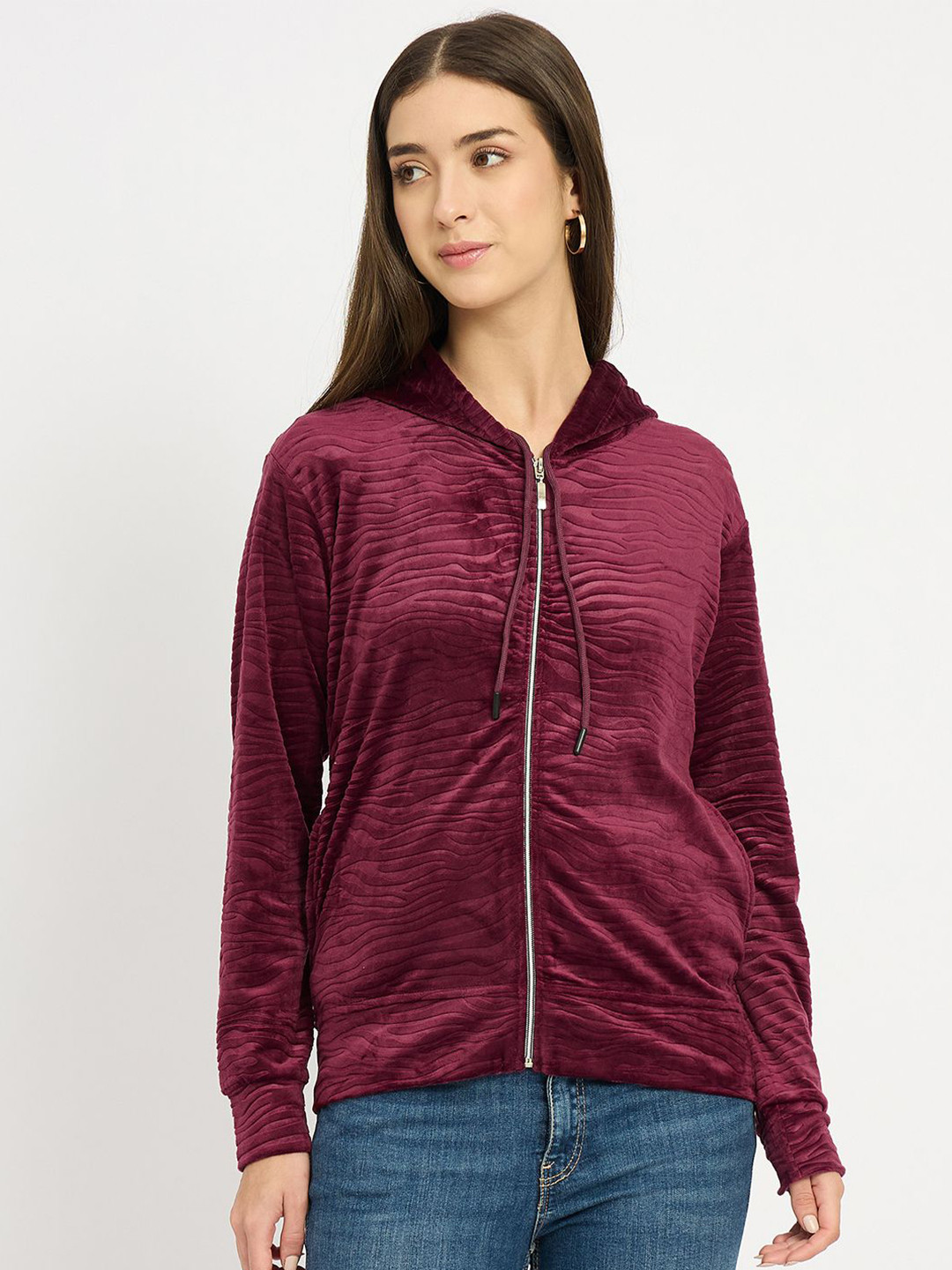 Camey Women Textured Zip-Up Hooded Jacket Sweatshirts