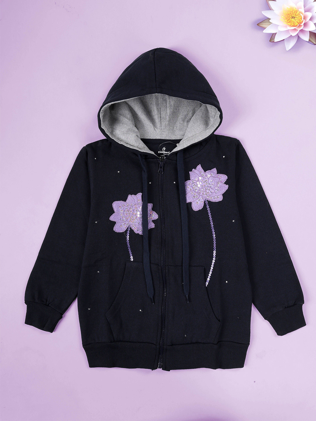 KiddoPanti Girls Hooded Applique Zip Closure Long Sleeve Sweatshirt