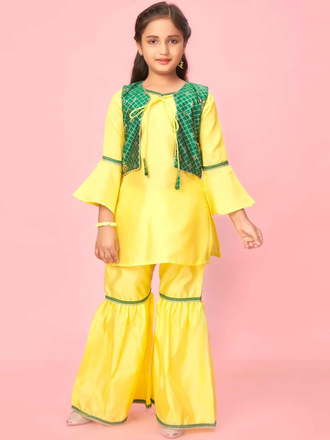 Muhuratam Girls Lemon Colour Silk Solid Kurti Sharara Set