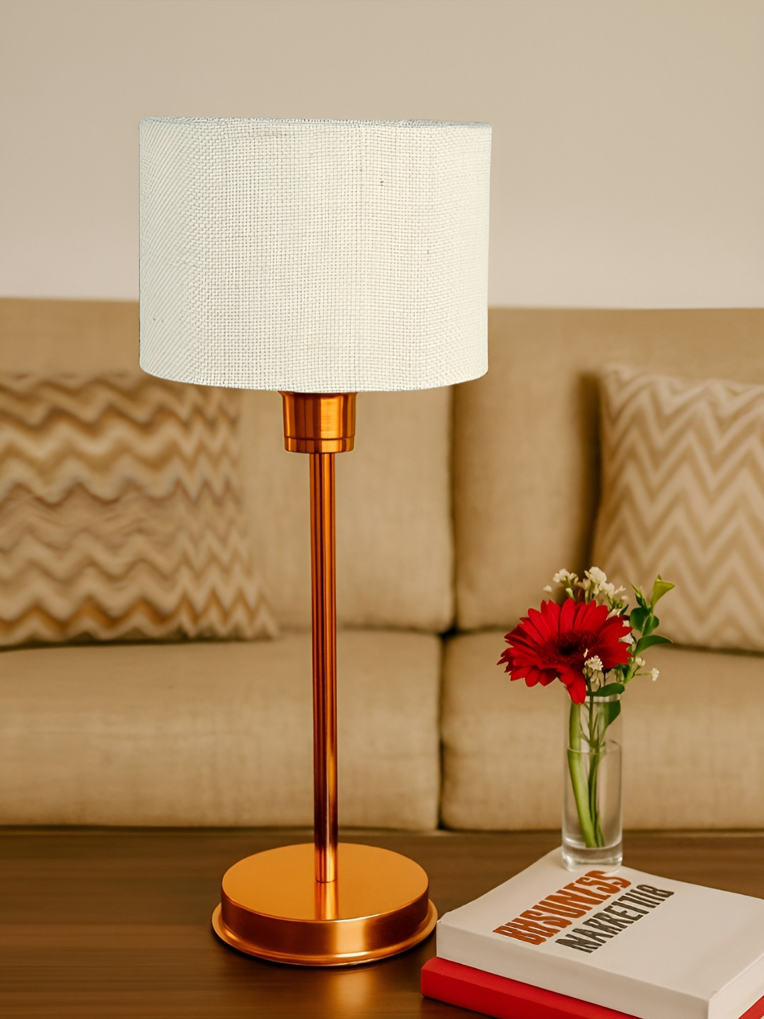 Devansh White & Copper Cylindrical Shaped Steel Table Lamp With Shade