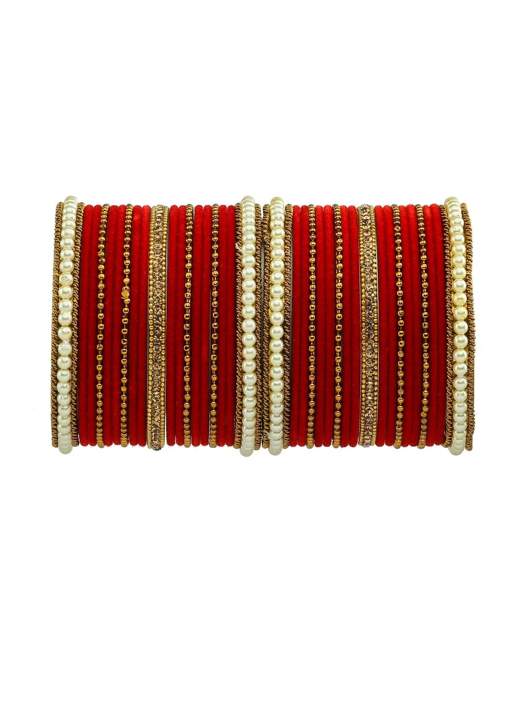 GLIKA Women Set of 38 Stone & Pearls Studded Metal Velvet Bangle Set