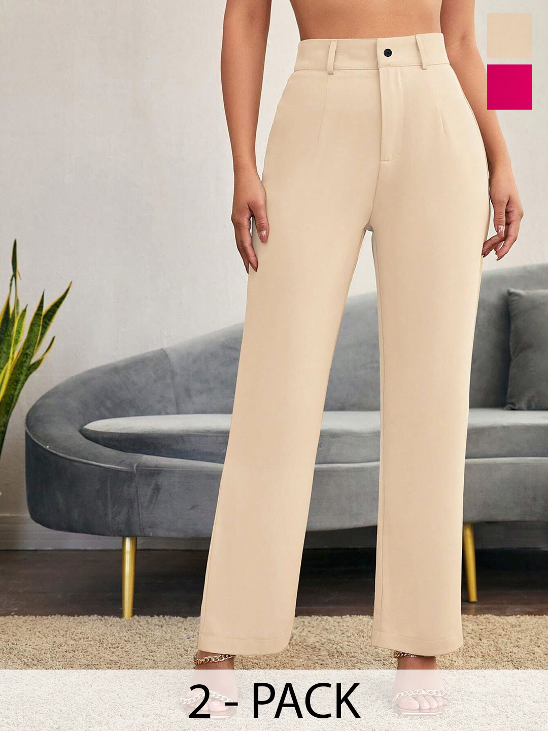 BAESD Women Pack of 2 Relaxed Straight Leg High-Rise Non Iron Trousers