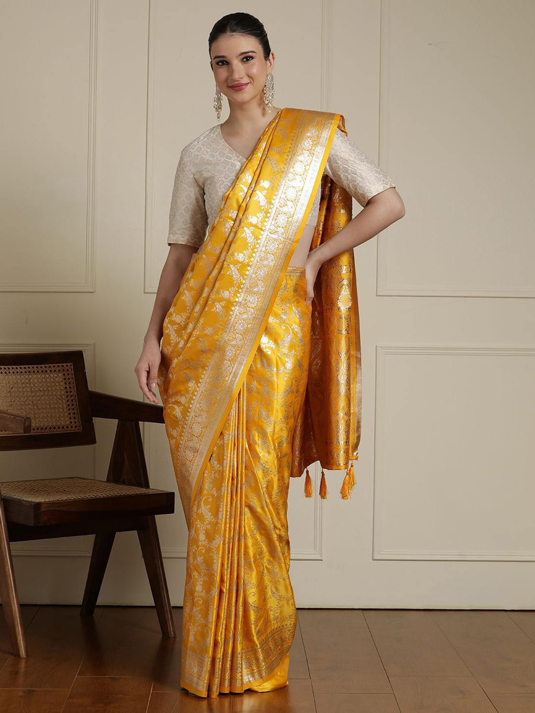 House of Pataudi Ethnic Motif Woven Design Zari Banarasi Satin Silk Saree & Blouse Piece