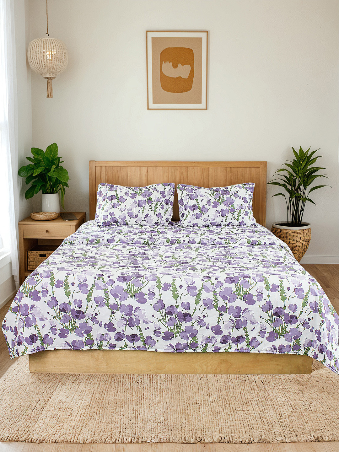 House This Purple & Green Floral Printed Pure Cotton  Single King Duvet Cover