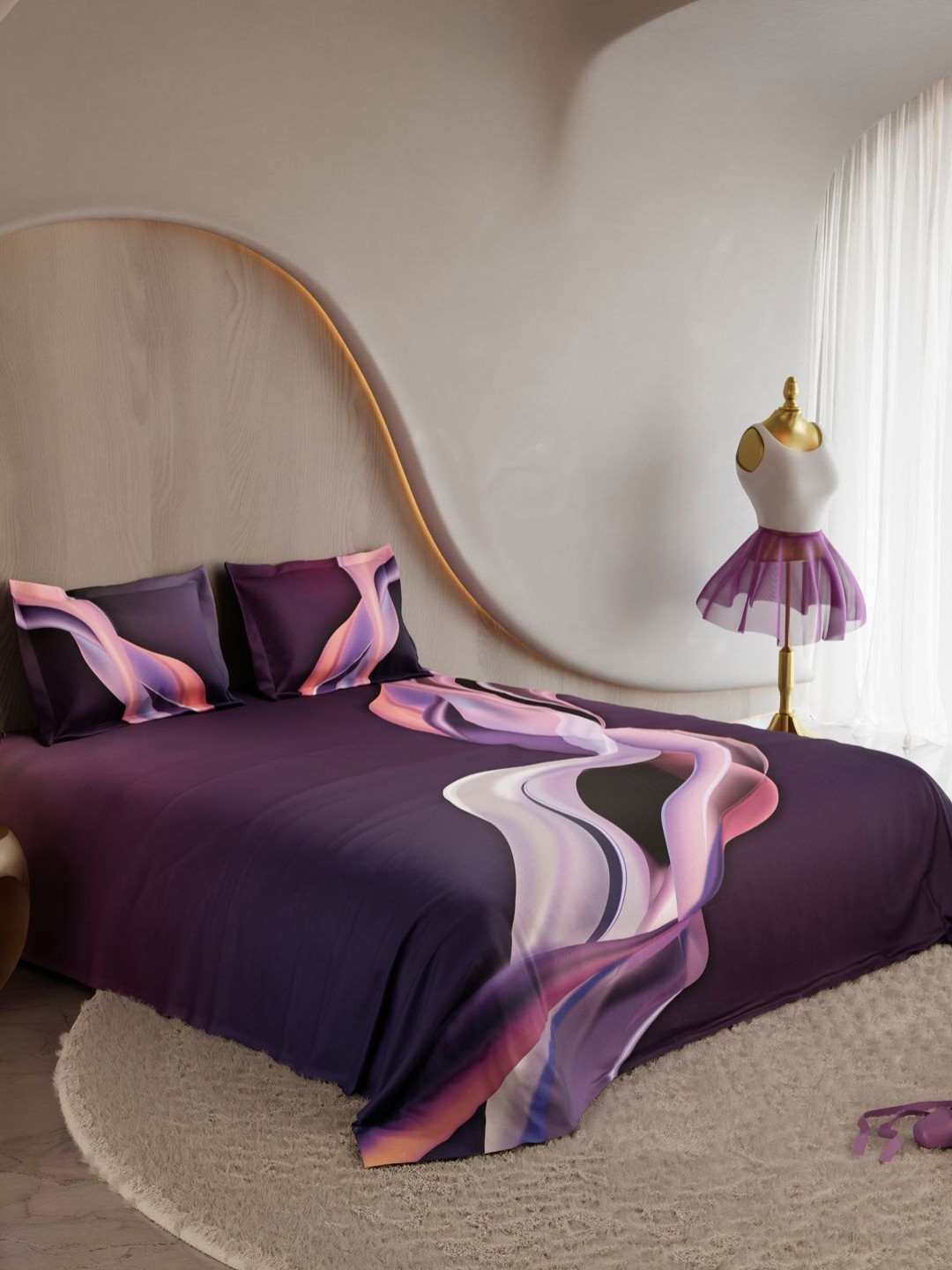 Stoa Paris Ballet Fluide Purple & White 150 TC Bedsheet with 2 Pillow Covers