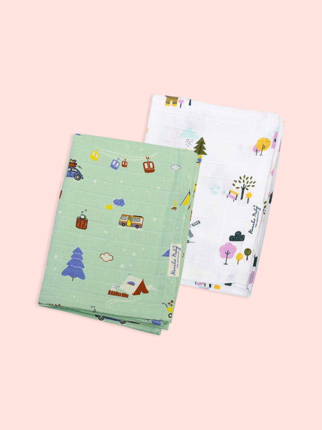 Honcho Baby Kids White & Green 2 Pieces Printed Pure Cotton 250 GSM Towel Set