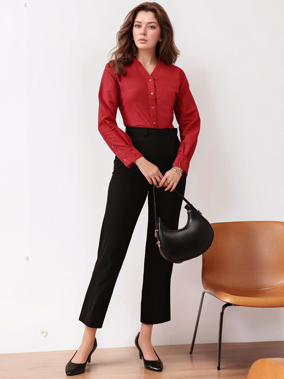 Molly & Michel Women Comfort Slim Fit Solid Spread Collar Cotton Formal Shirt