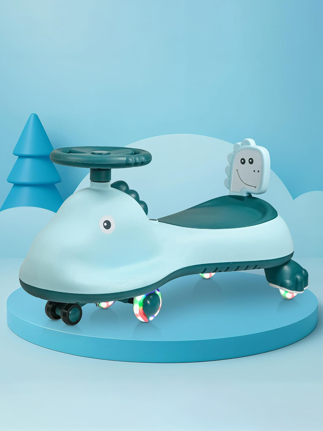 Kuber Industries Shark Sky Blue Swing Car Kids Led Wheels with Music 40 Kg Weight