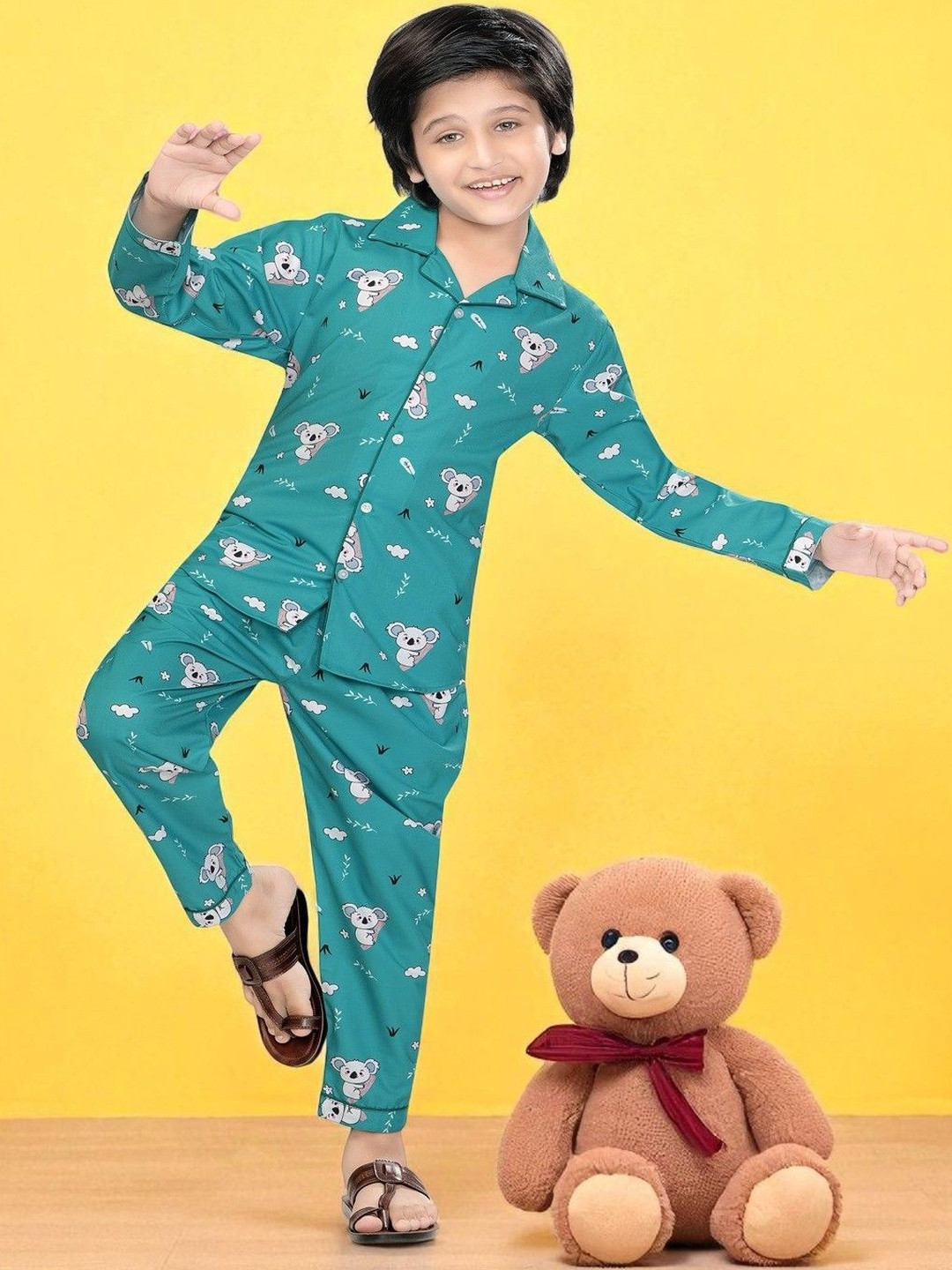 Club96 Boys Green Cute Koala Bear Printed Casual Sleepsuit
