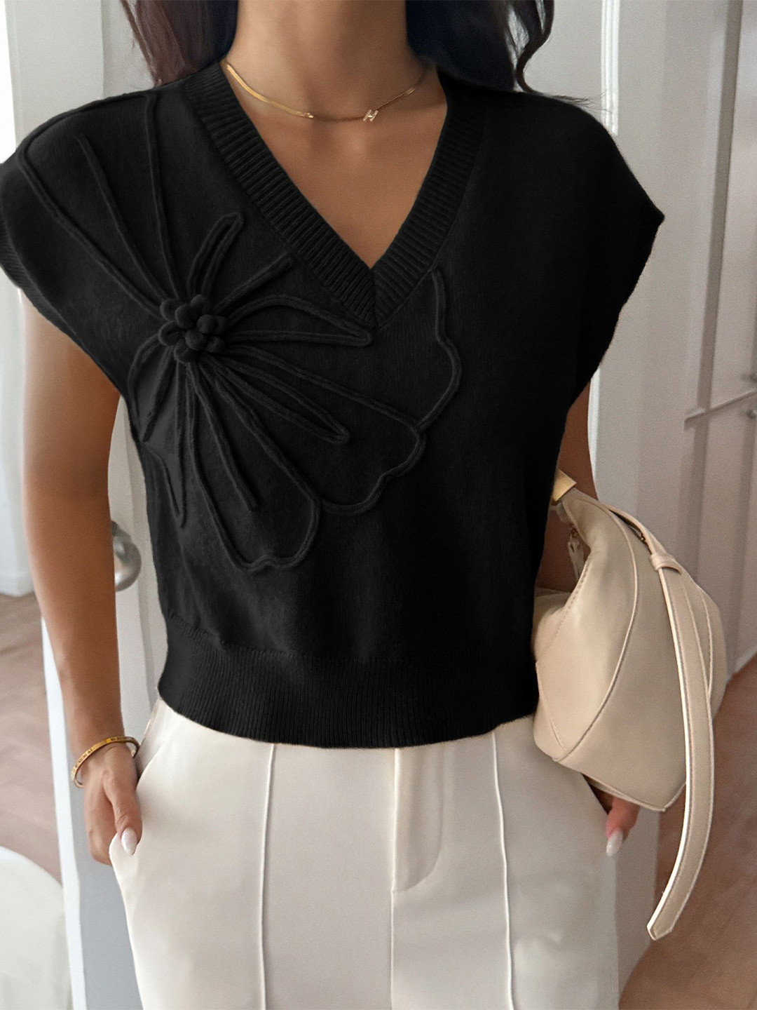 StyleCast x Revolte Women Floral Embroidered V-Neck Cap Sleeves Pullover Sweaters