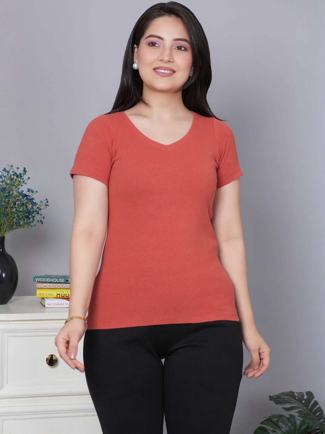Mlada V-Neck Cotton Relaxed Fit T-shirt