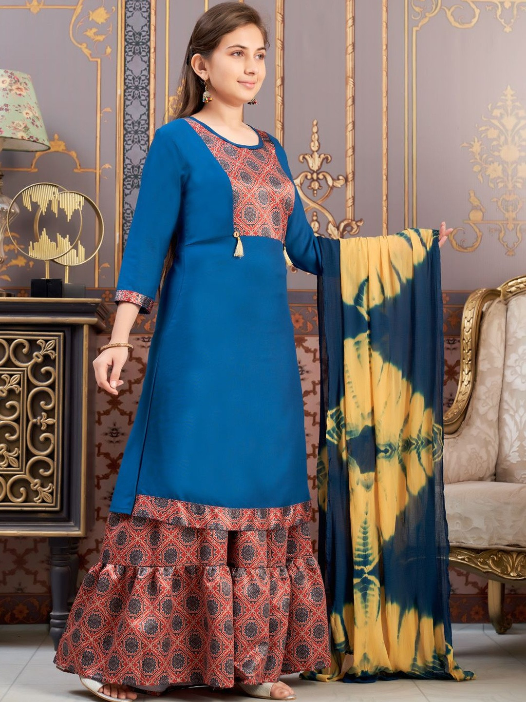 Muhuratam Girls Ethnic Wear Teal Blue Colour Damask Print Rayon Kurti