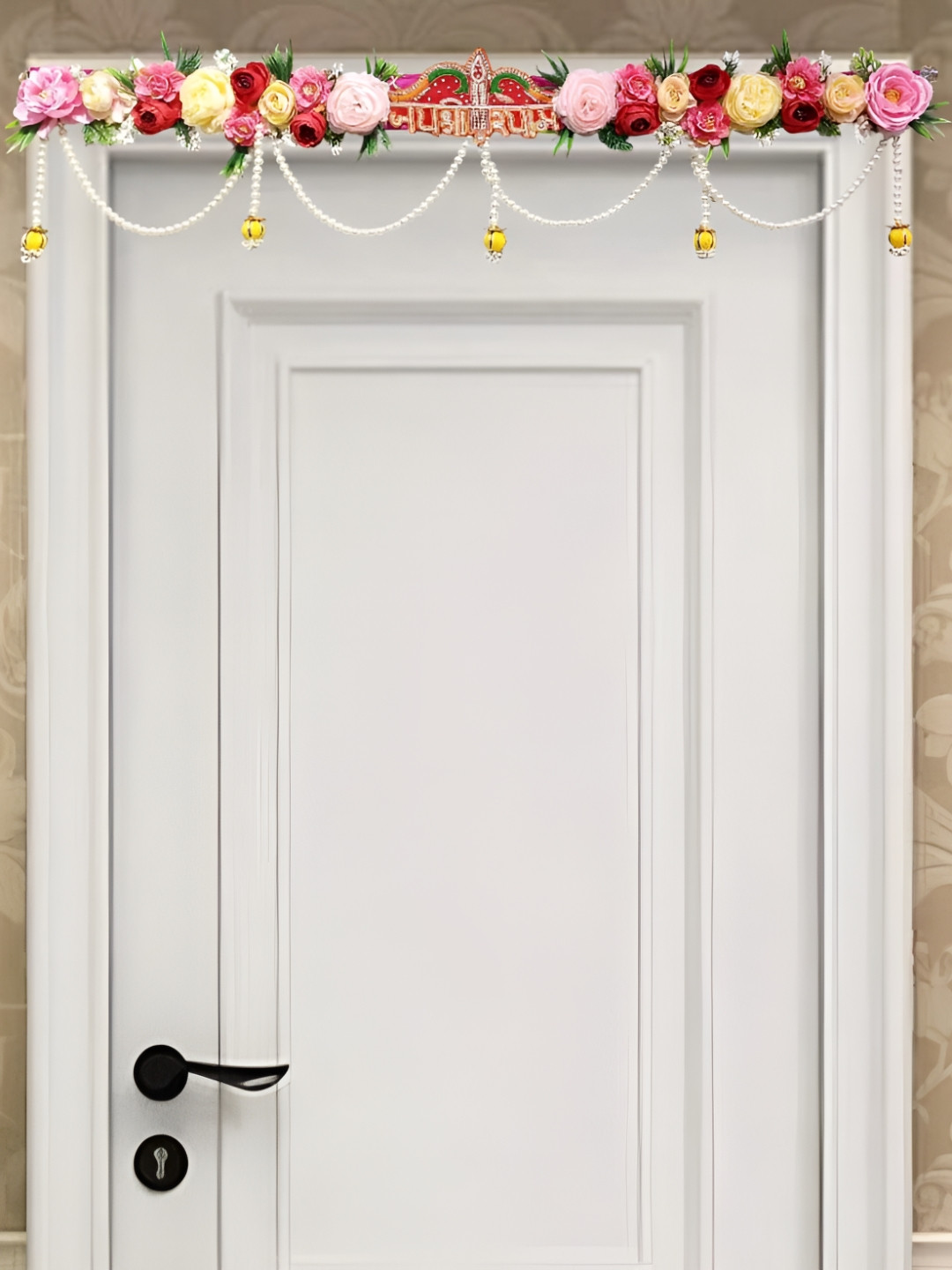 PUFFSMART Red & Pink Textured Jai Shree Shyam Flowers & Latkan Bandhanwar Toran