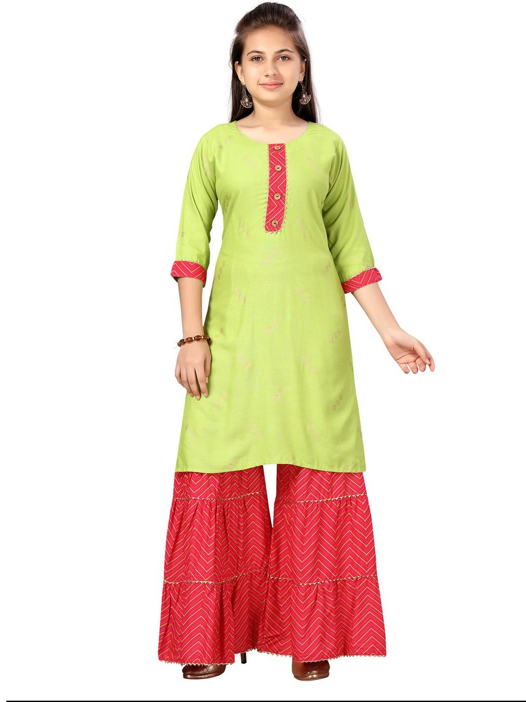 Muhuratam Girls Green-Rani Cotton Party Wear Embroidery Kurti Sharara Set