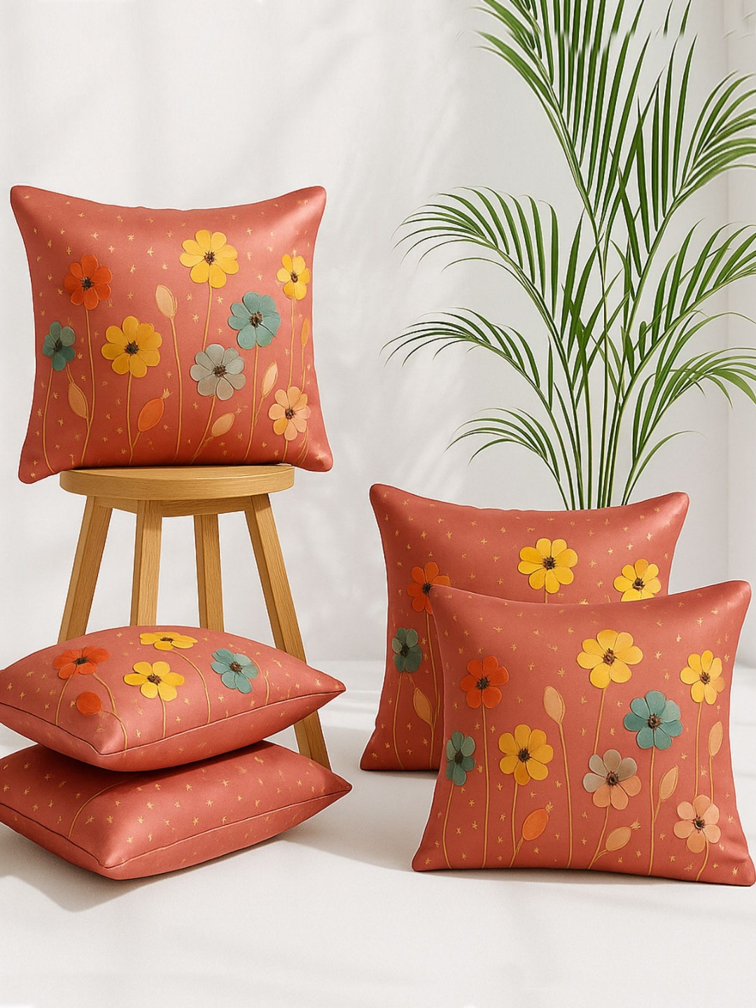 MFD HOME FURNISHING Peach & Green 5 Pieces Floral Textured Linen Square Cushion Covers