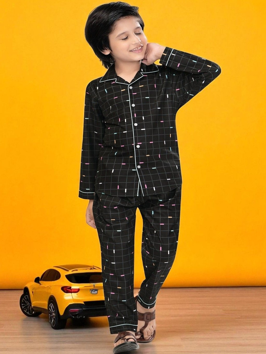 Club96 Boys Black Grid Check with Multicolor Dots Cotton Blend Sleepwear