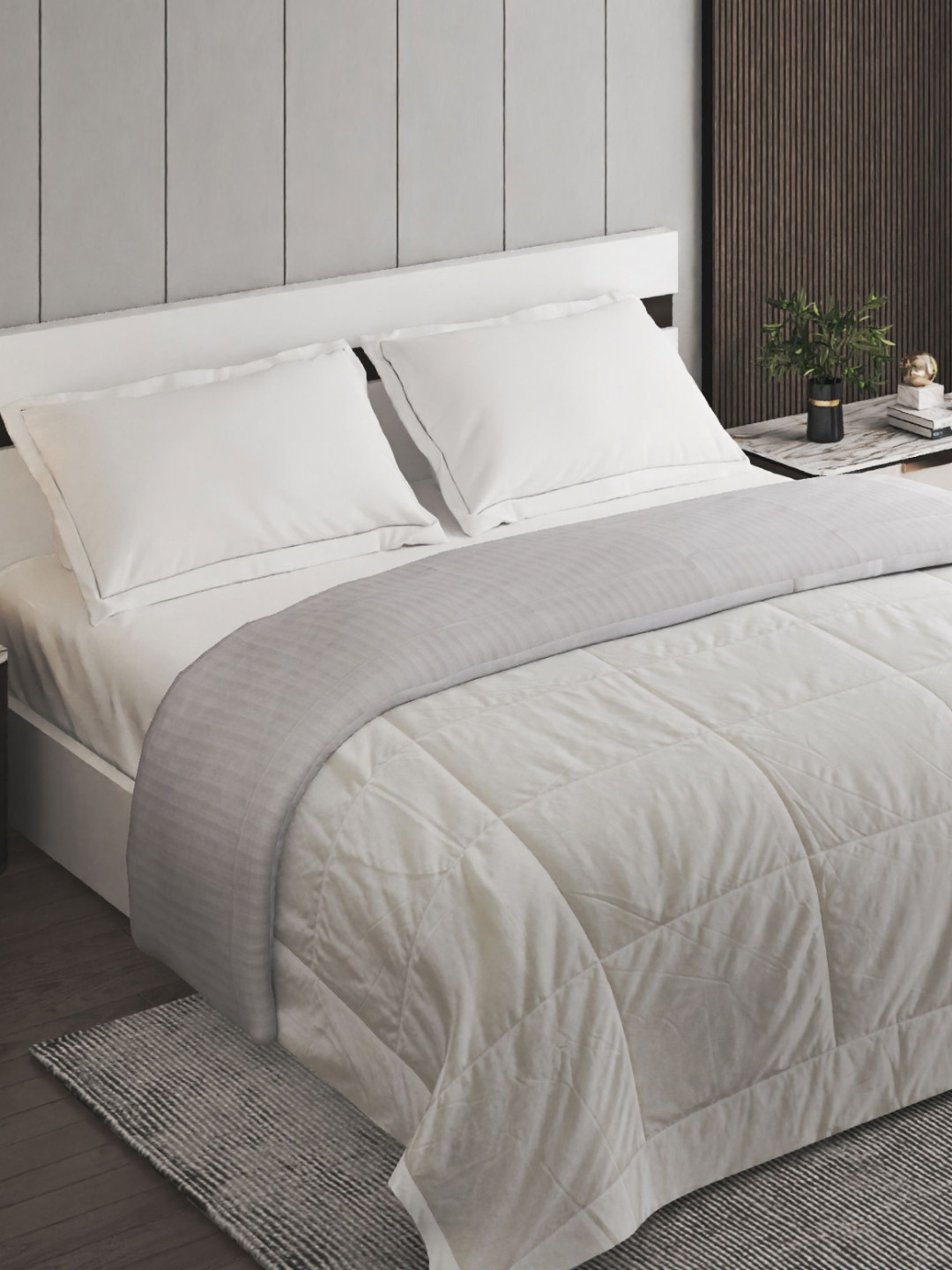 Home Centre Frosty White Striped Microfiber 553 GSM AC Room Double Bed Quilt