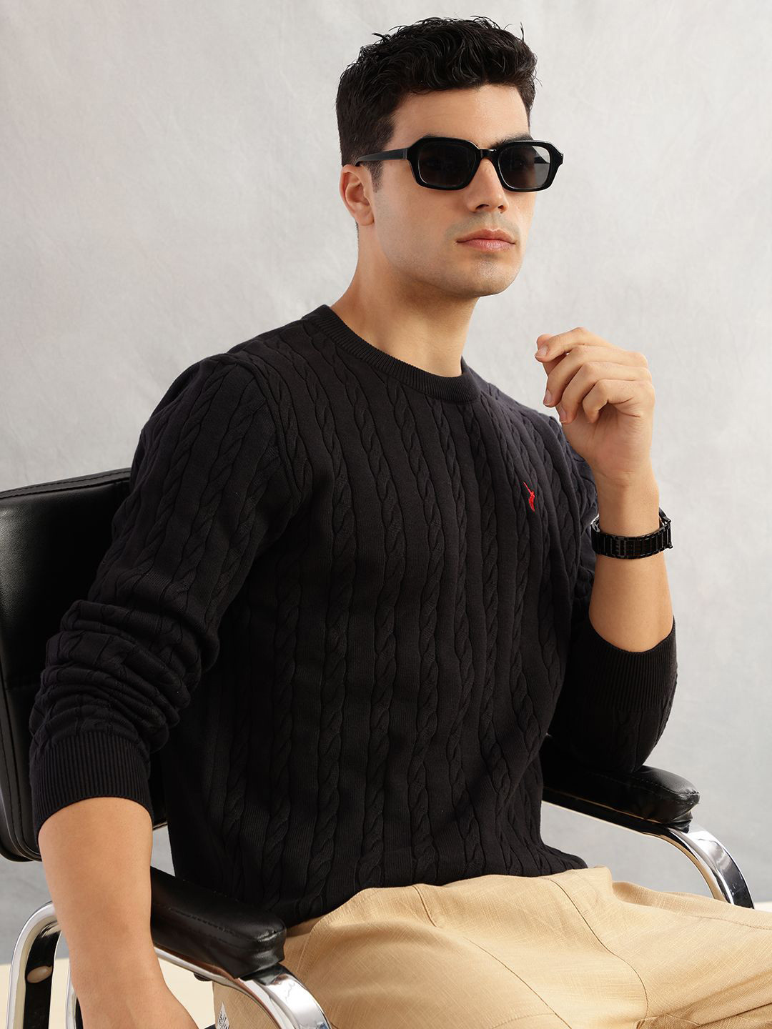 Thomas Scott Men Cable Knit Cotton Round Neck Pullover Sweater