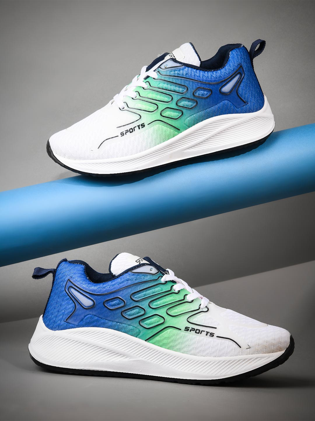 COGS Men Blue & Green Pattern Mesh Sports Shoes