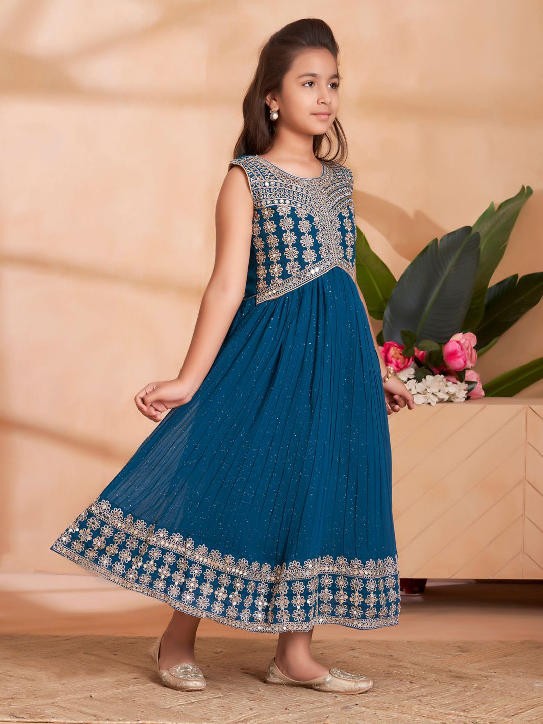 BAESD Girls Mirror Thread Embroidery Gown Maxi Dress