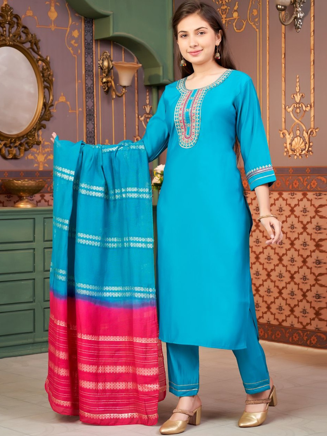 Muhuratam Girls Ethnic Wear Sequin Embroidery Silk Kurti Pant Set