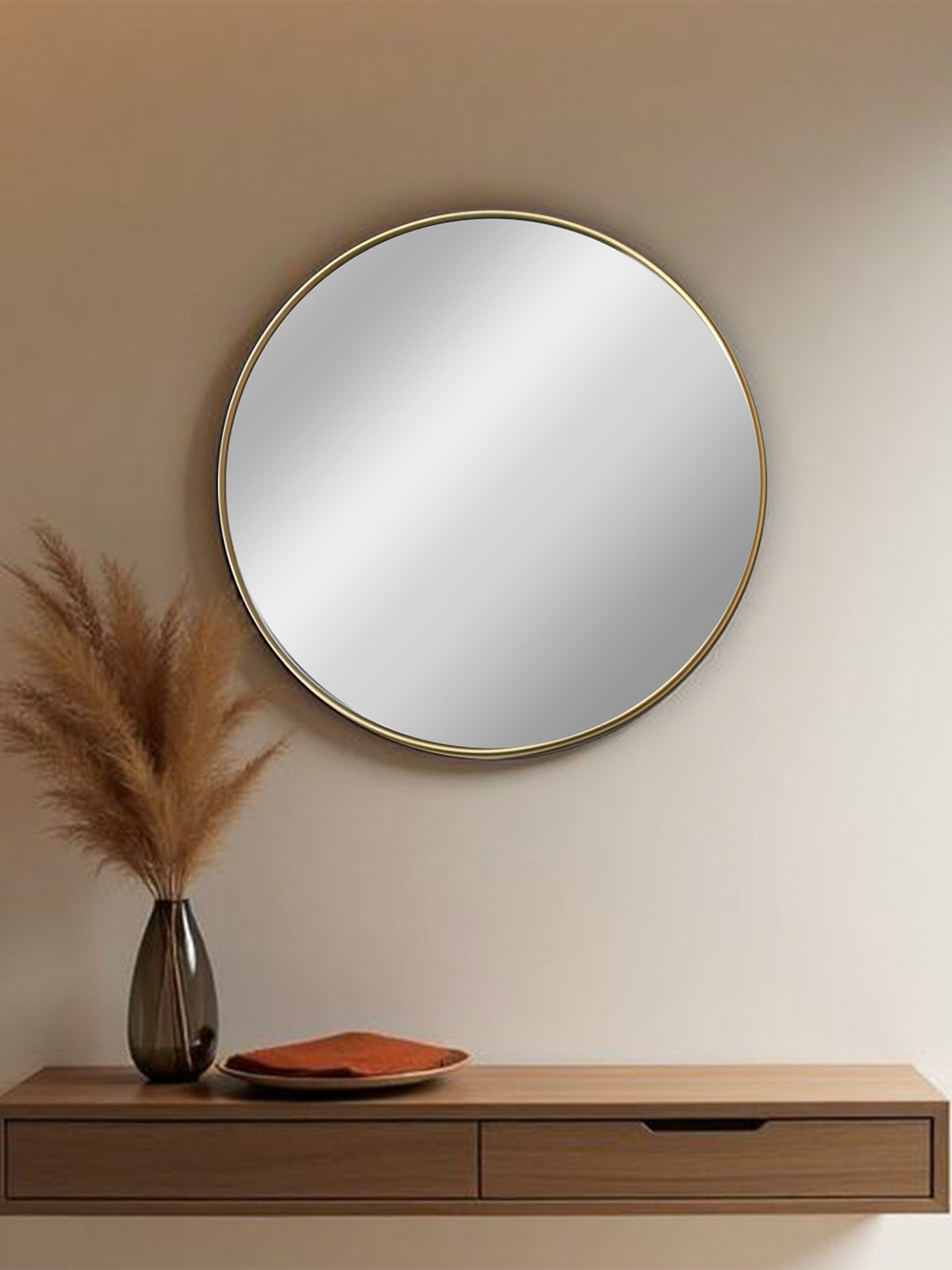 MARKET99 Gold Toned Oval Shaped Glossy Finish Wall Mirror