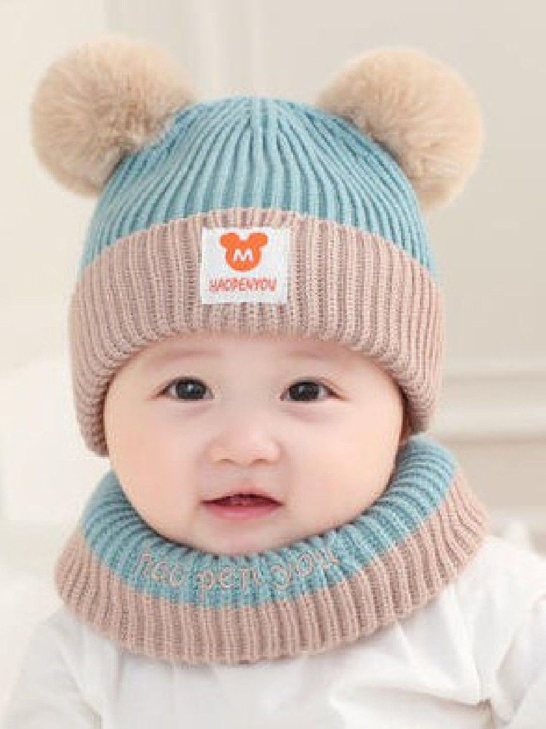 Tomkot Fashionable Kids-Unisex Winter Warm Pom Pom Cap & Woolen Cap Neck Scarf Set