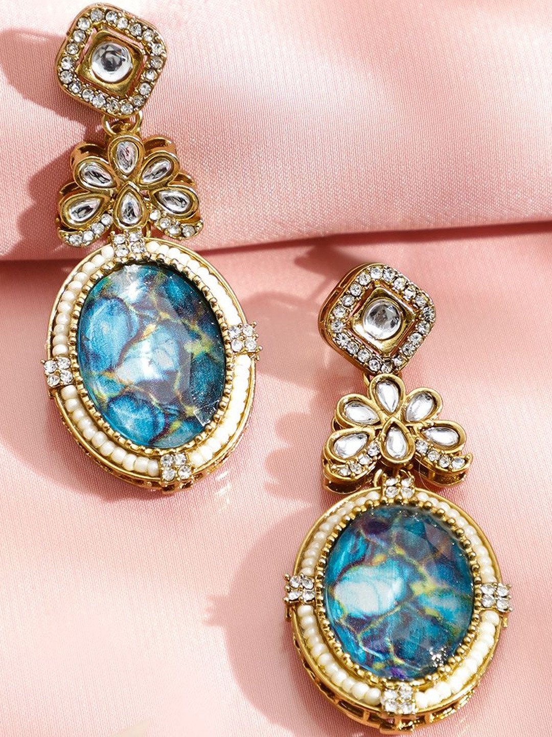 Rubans 18K Gold-Plated Quartz Studded Oval Shaped Drop Earrings