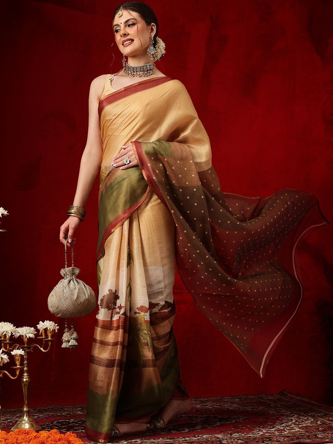 Silk Land Ethnic Motifs Printed Zari Banarasi Ready To Wear Saree