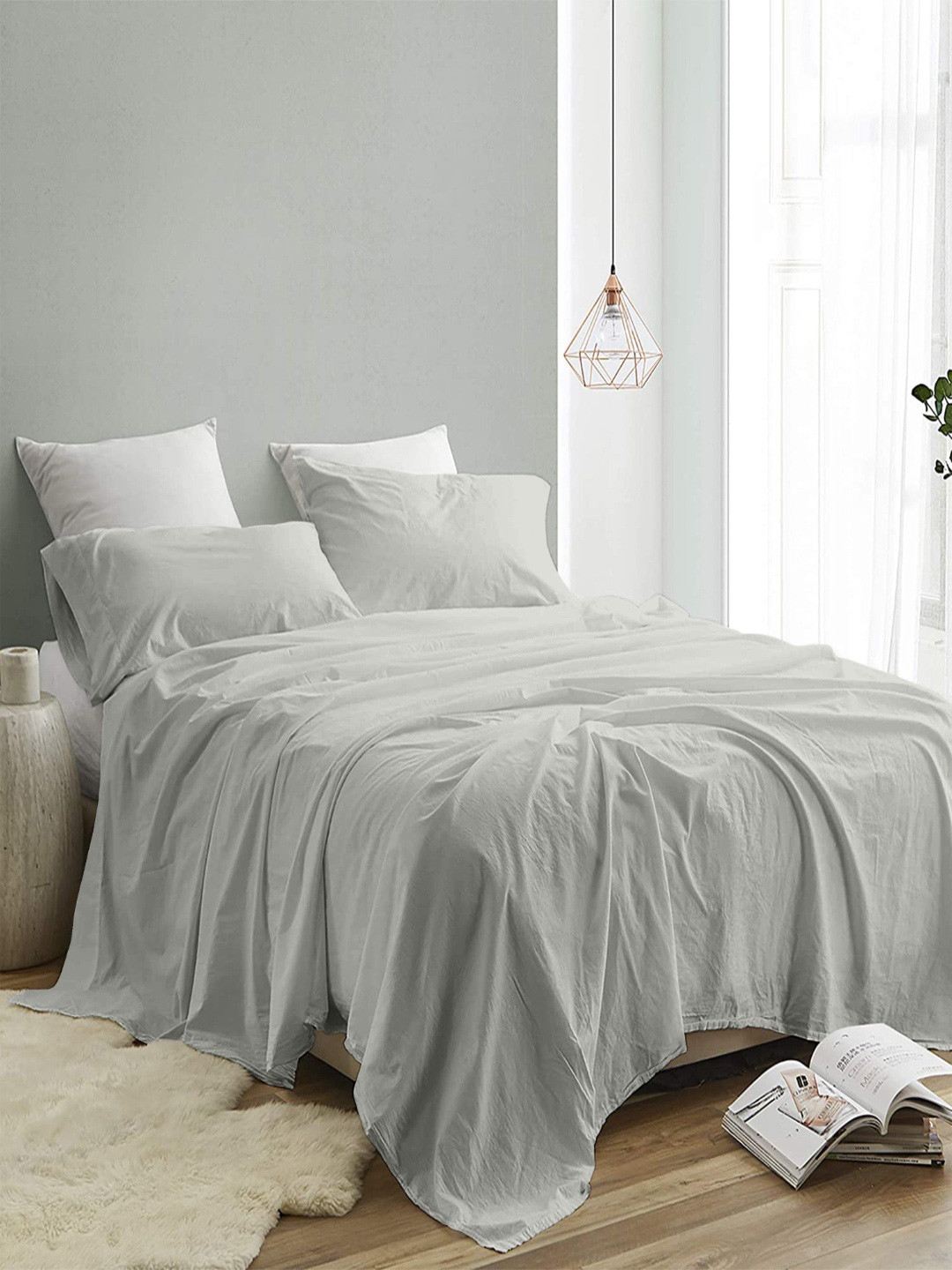 INDRA'S Grey 300 TC Egyptian Cotton King Bedsheet Set-2.74 m x 2.74 m