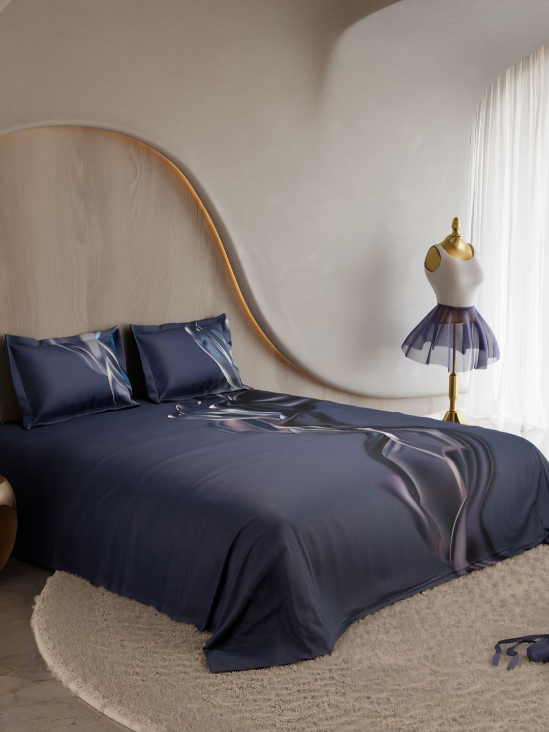 Stoa Paris Blue Abstract 150 TC Cotton Super King Bedsheet Set - 2.74 m x 2.74 m