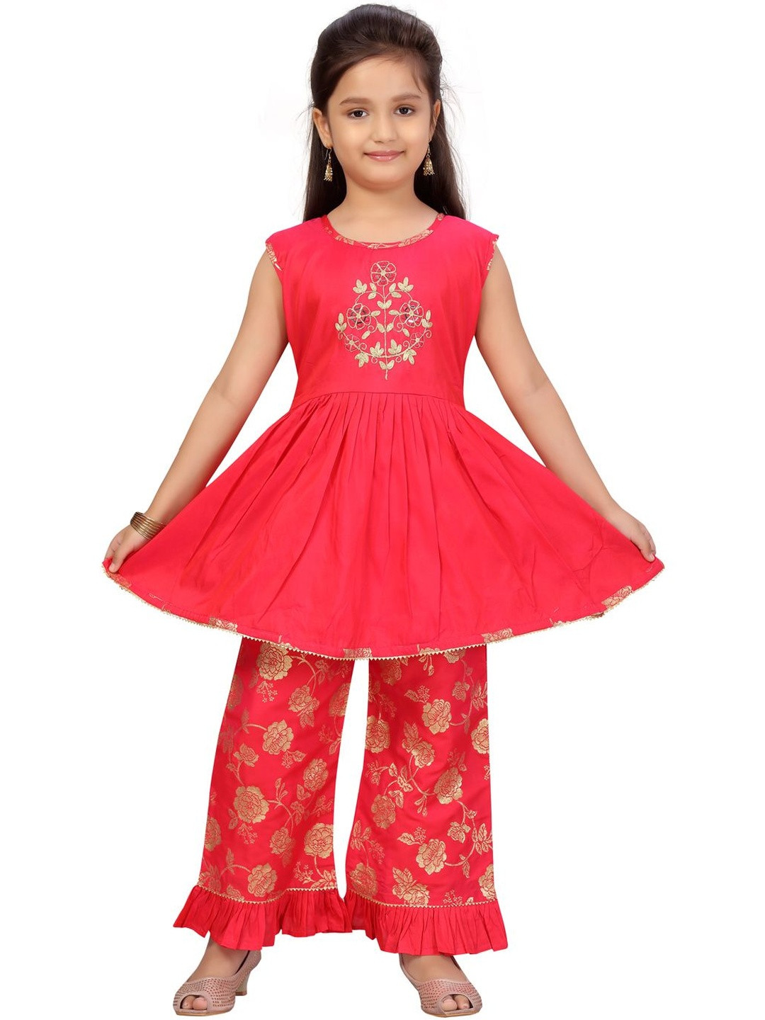 Muhuratam Girls Ethnic Wear Rani Colour Floral Print Silk Kurta Sharara Set