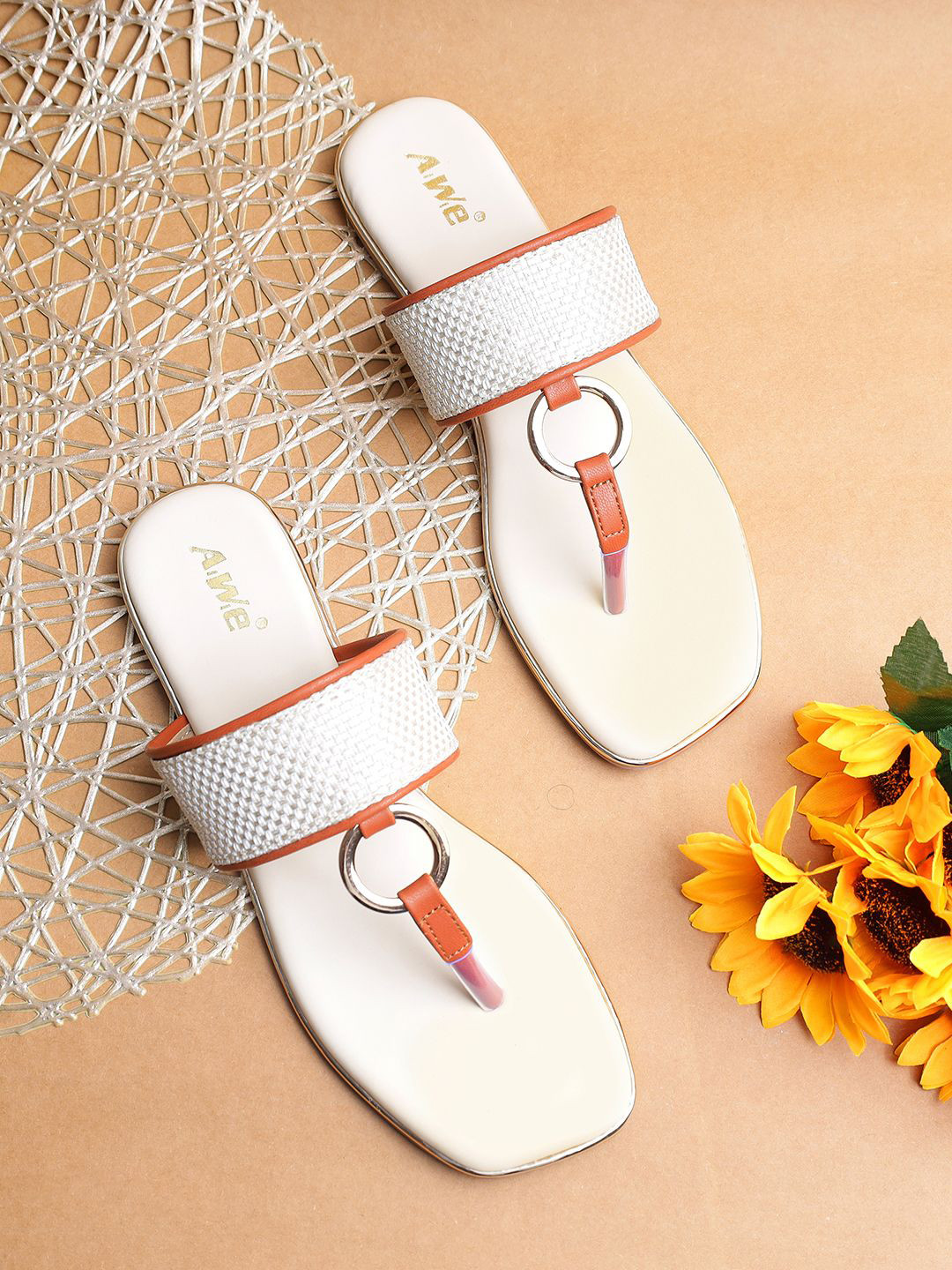 AIWIE Women Ring Detail & Comfortable Slip-On Design T-Strap Loop Flats