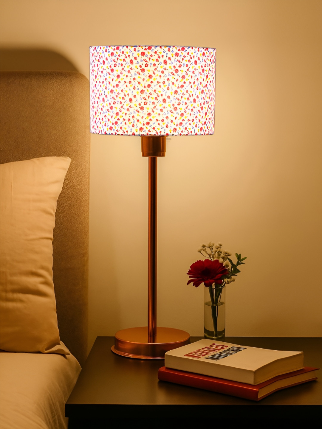 Devansh Off-White & Red Printed Steel Cylinder Shaped Table Lamp With Shade