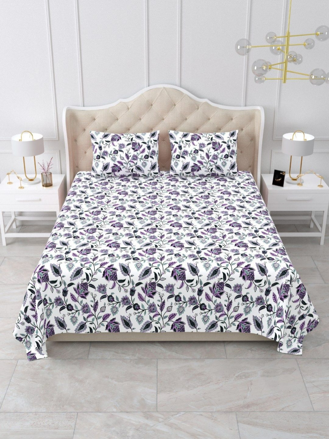 Qfab Purple Floral 250 TC King Cotton Bedsheet With 2 Pillow Covers 2.33 m x 2.79 m