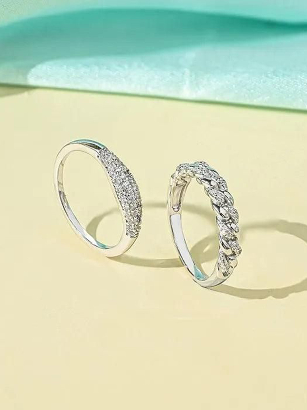 TOUCH925 Set Of 2 92.5 Stearling 925 Silver Cubic Zirconia Studded Finger Rings