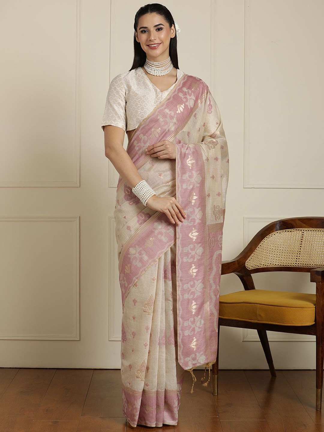 House of Pataudi Woven Design Ethnic Motif Chanderi Saree With Blouse Piece