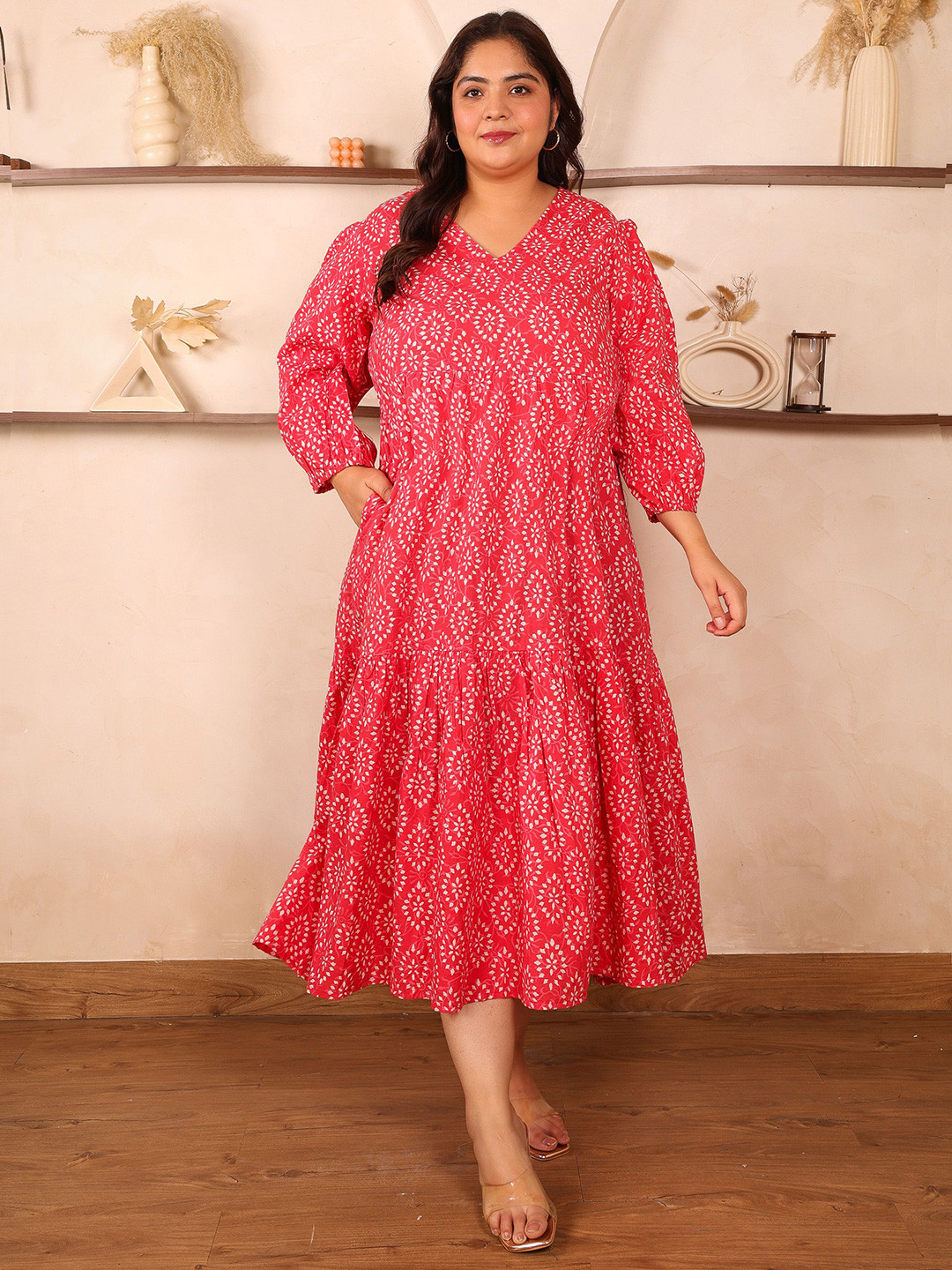 Indietoga Women Plus Size Diamond Geometric Printed Cotton Midi Dress