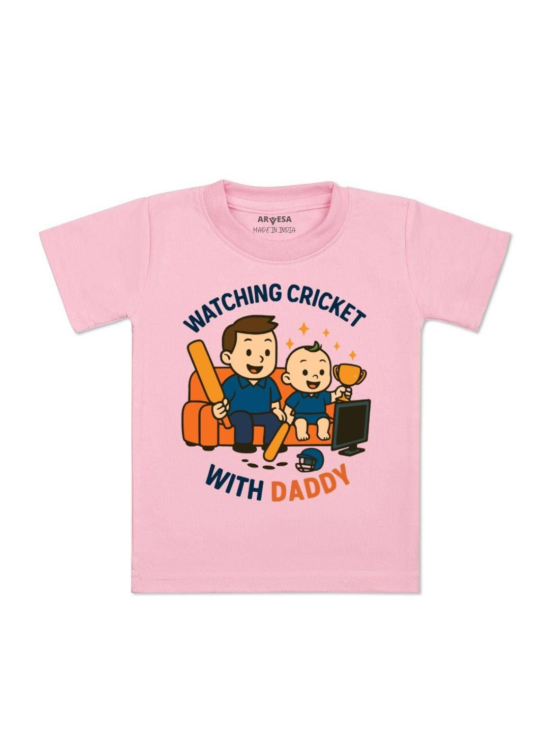 Arvesa Kids Watching Cricket With Daddy Graphic Printed Short Sleeves Cotton T-shirt