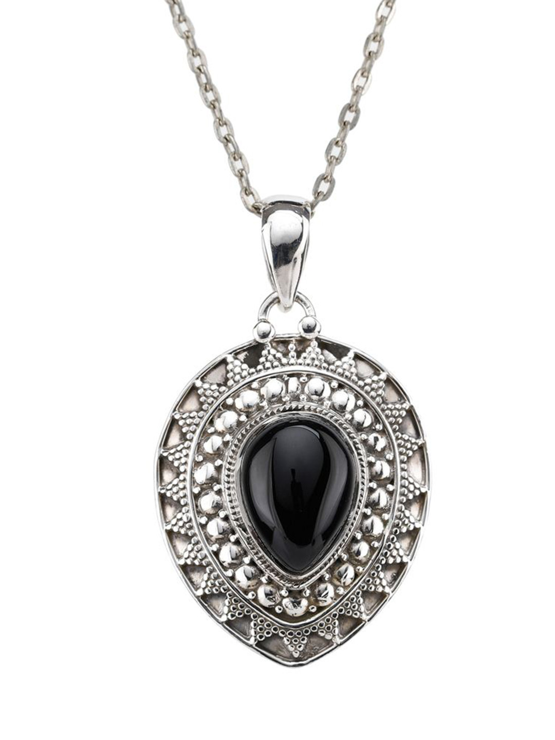 Exotic India Women Silver Black Onyx Teardrop Shaped Pendant